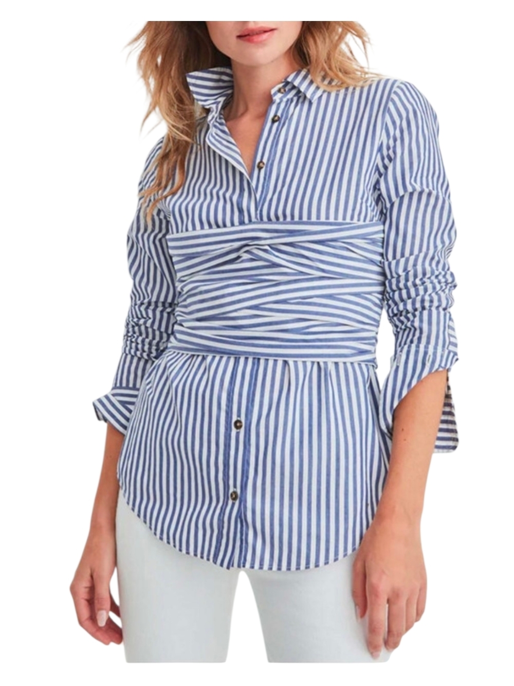 Veronica Beard Baylor Pleated Stripe Blue and White Cotton Button-Down Shirt